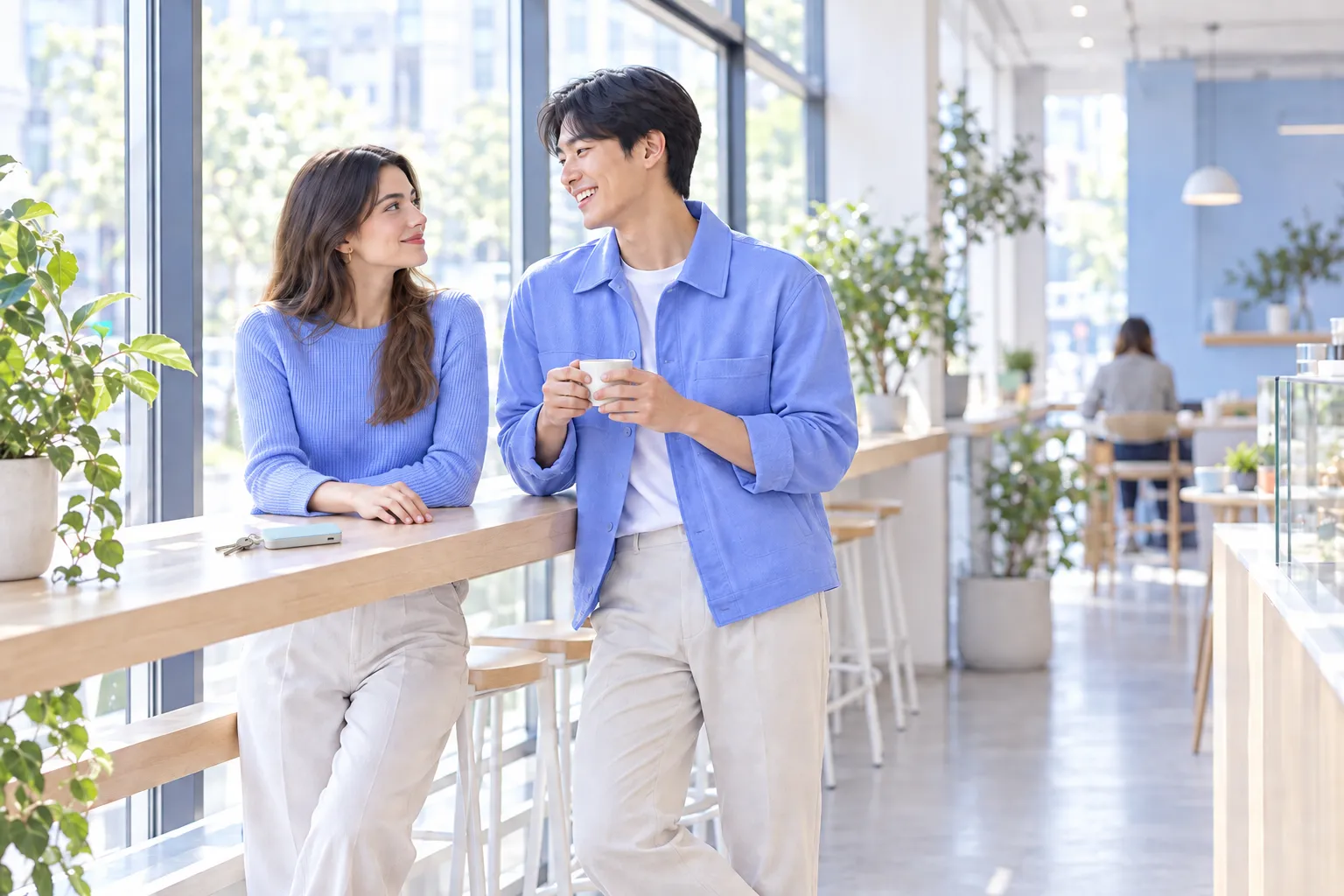 A couple talk at a café counter; the keyring lies on the counter like a phone.