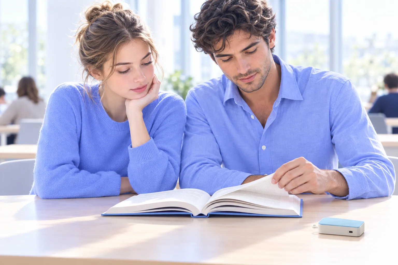 Two people read at a library table; the keyring lies beside the book.