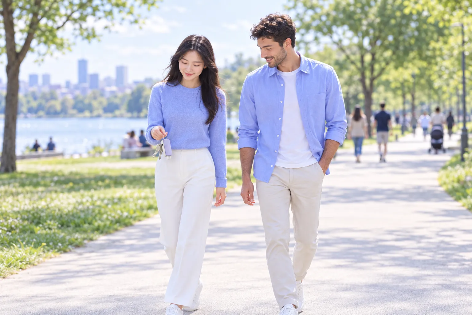 Two friends walk through a park; she holds the keyring with her keys.