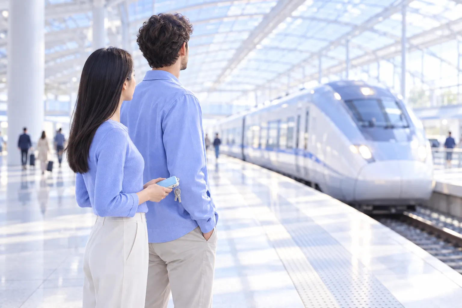 Two people wait on a station platform; she holds the keyring.