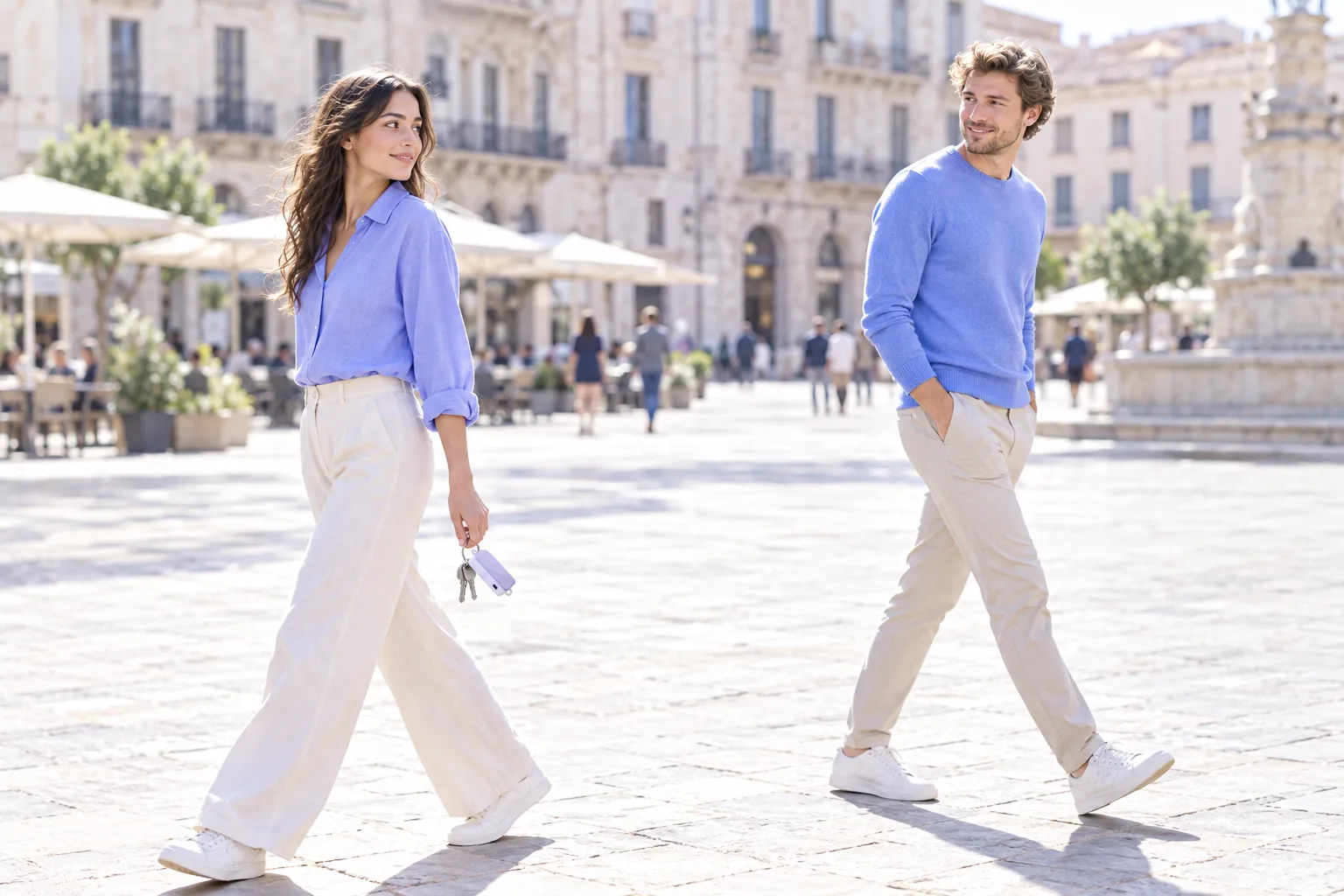 Two people walk across a sunny square; she carries the keyring with her keys.